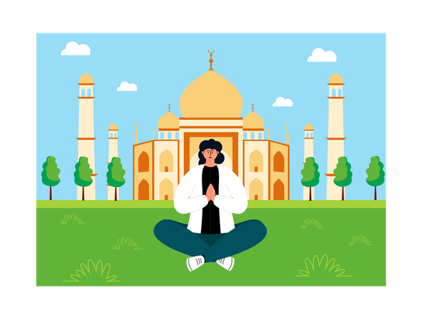 Woman sitting at the Taj Mahal  イラスト