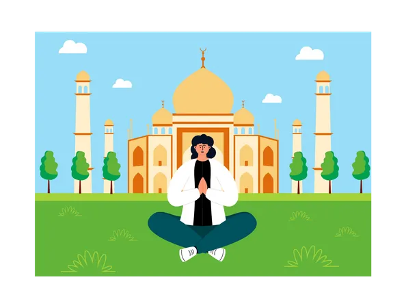 Woman sitting at the Taj Mahal  Illustration
