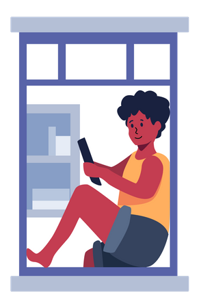 Woman sitting at window and using mobile Illustration