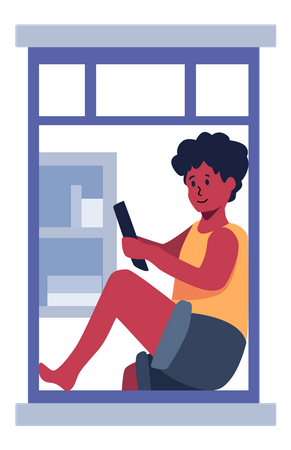 Woman sitting at window and using mobile  Illustration