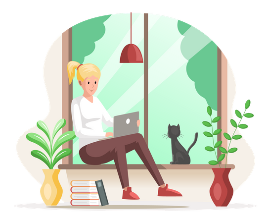 Woman sitting at window working on laptop Illustration