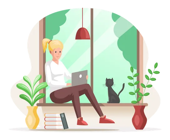 Woman sitting at window working on laptop  Illustration