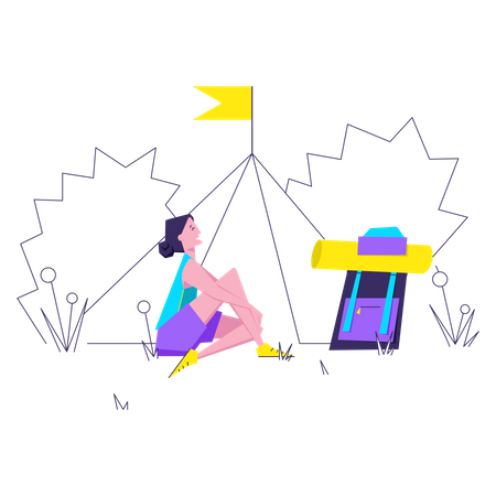 Woman sitting by the tent on vacation Illustration