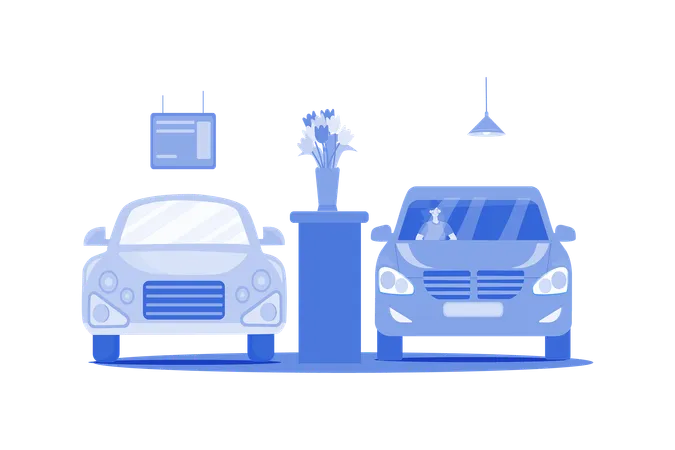 Woman Sitting In A Car In Showroom Illustration