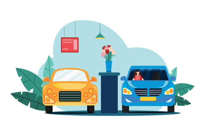 Woman sitting in a car in showroom  Illustration