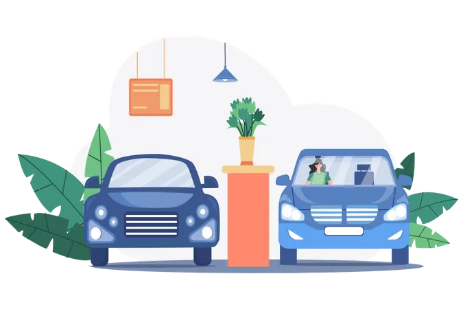 Woman Sitting In A Car In Showroom  Illustration