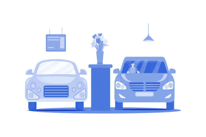 Woman Sitting In A Car In Showroom  Illustration