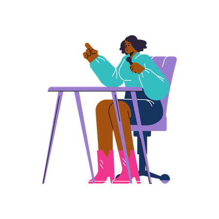 Woman sitting in chair at table and speaking into microphone  Illustration