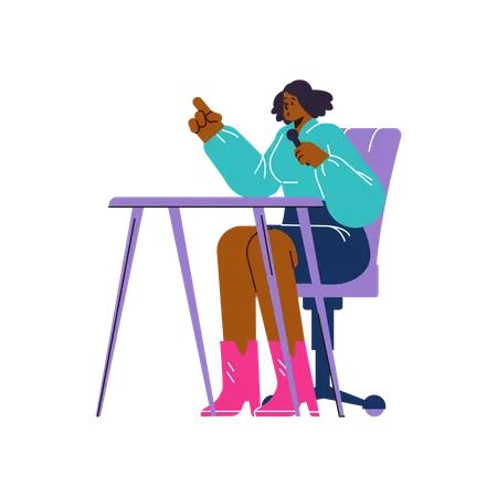 Woman sitting in chair at table and speaking into microphone  Illustration