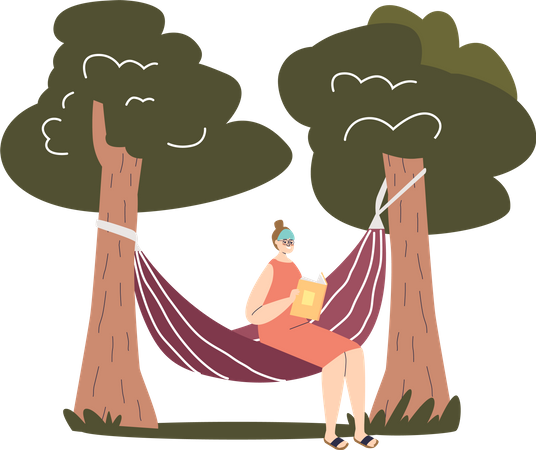 Woman sitting in hammock and reading book outdoors in garden  Illustration