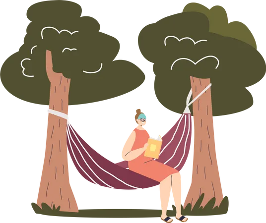 Woman sitting in hammock and reading book outdoors in garden  Illustration
