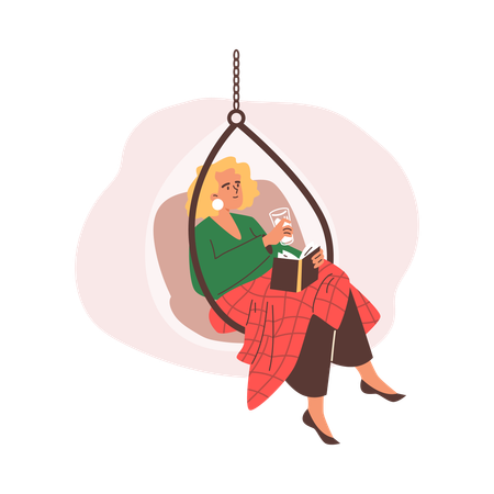 Woman sitting in hanging chair and reading book  Illustration