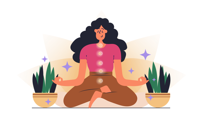 Woman Sitting In Meditation And Opens Energy Points In Her Body  Illustration