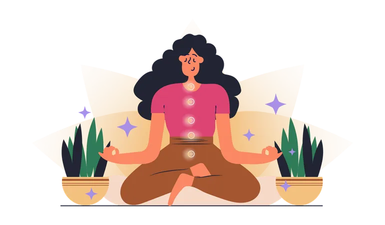 Woman Sitting In Meditation And Opens Energy Points In Her Body  Illustration