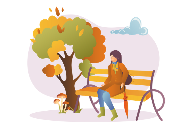 Woman sitting in park during autumn fall  Illustration