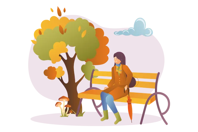 Woman sitting in park during autumn fall  Illustration