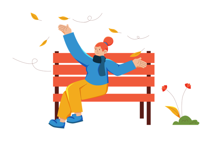 Woman sitting in park enjoy autumn leaves  Illustration