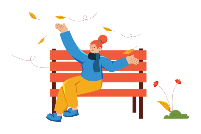 Woman sitting in park enjoy autumn leaves  Illustration