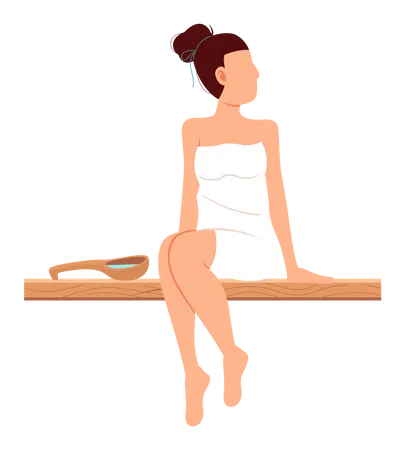 Woman Sitting And Relaxing In Sauna Isolated On White Bathhouse Or Banya Wellness Spa Procedures Female Character In Hot Steam Bath Resting Alone Girl Takes Care Of Health Enjoys In Steam Room 일러스트레이션