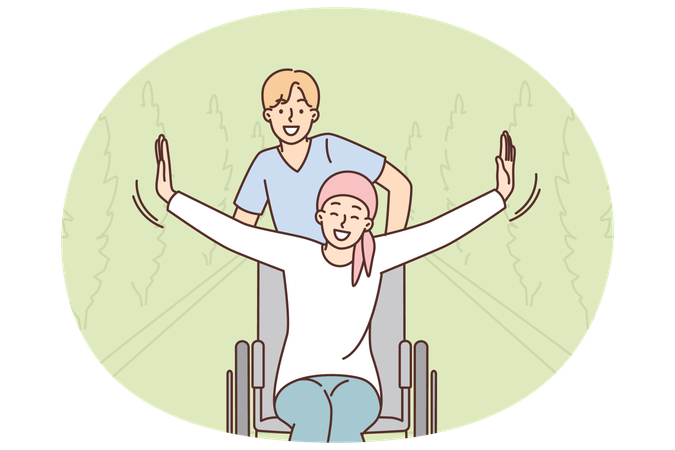 Woman sitting in wheelchair enjoys life walking with man working as doctor in hospital  Illustration