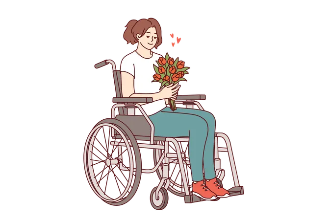 Woman sitting in wheelchair with bouquet of flowers and feeling positive thanks to gift from admirer  Illustration