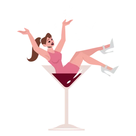 Woman Sitting In Wine Glass Vector Illustration In Flat Color Design Illustration