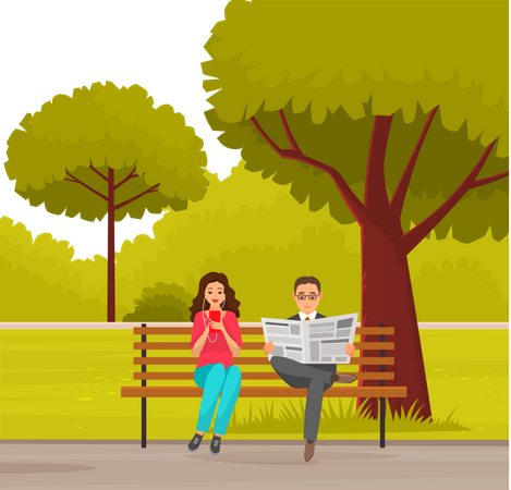 Woman sitting listening and Man read news paper in autumn park Illustration