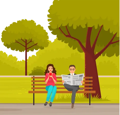 Woman sitting listening and Man read news paper in autumn park Illustration