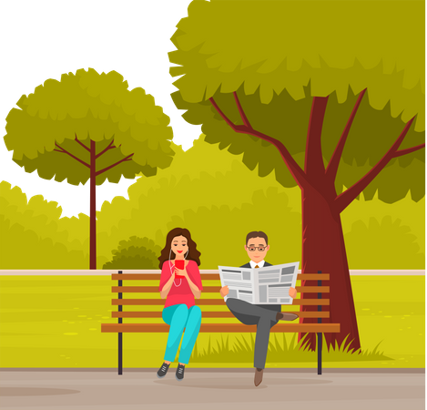 Woman sitting listening and Man read news paper in autumn park  Illustration