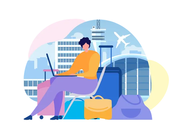 Woman Sitting near Baggage, Using Laptop, Searching Flights Timetable in Internet Illustration