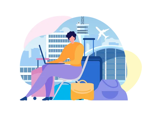 Woman Sitting near Baggage, Using Laptop, Searching Flights Timetable in Internet  Illustration