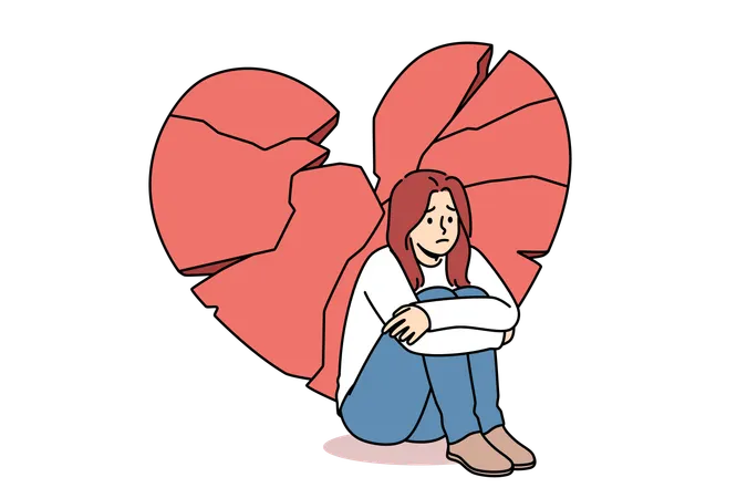 Woman sitting near broken heart experiencing serious stress after breaking up with loved  Illustration