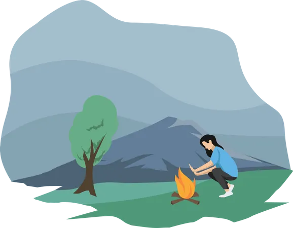 Woman sitting near camping fire  Illustration