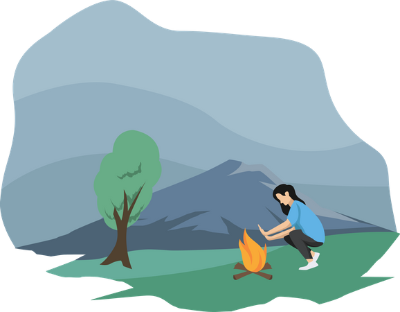 Woman sitting near camping fire  Illustration
