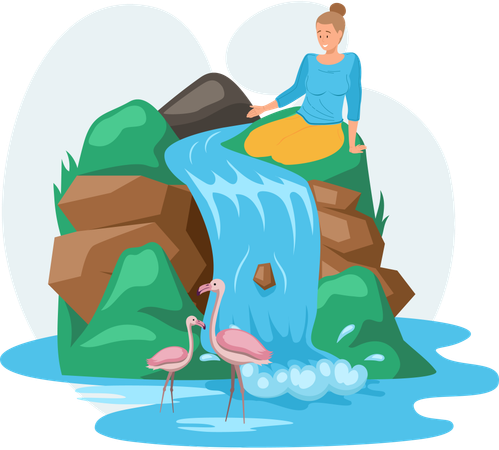 Woman sitting near waterfall  Illustration