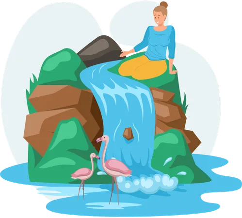 Woman sitting near waterfall  Illustration