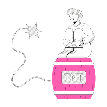 Woman sitting on a barrel of explosives  イラスト
