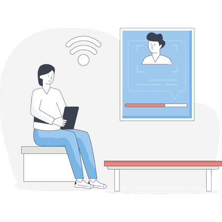 Woman sitting on a bench focused on her laptop with a serene park  Illustration