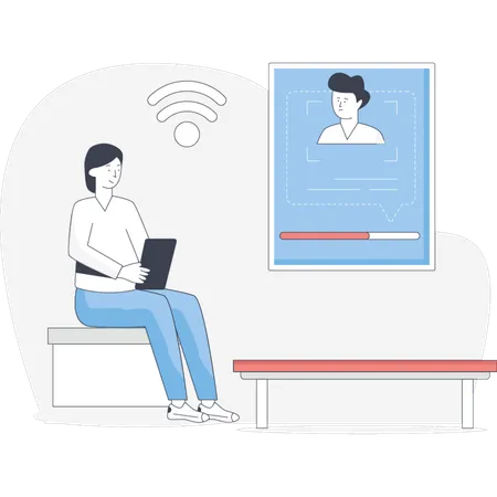 Woman sitting on a bench focused on her laptop with a serene park  Illustration