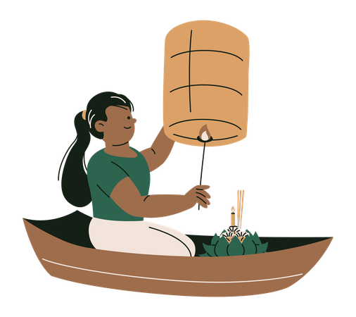 Woman Sitting on a Boat and Releasing Sky Lantern  Illustration