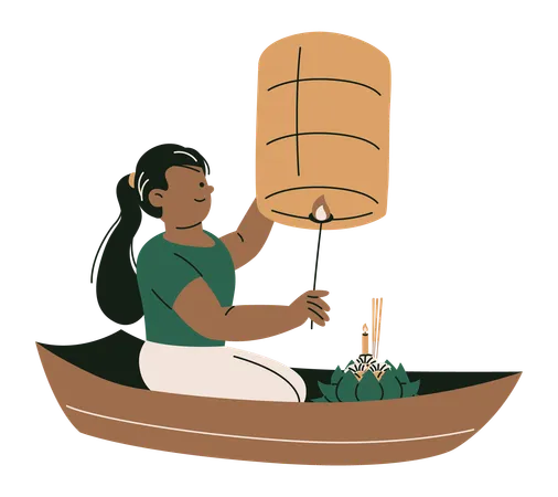 Woman Sitting on a Boat and Releasing Sky Lantern  Illustration