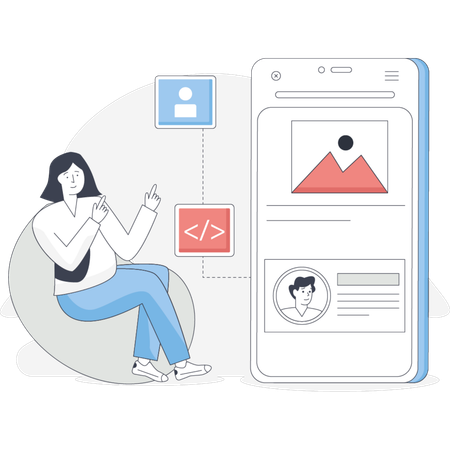 Woman sitting on a chair beside a phone with another person seated next to the phone  Illustration