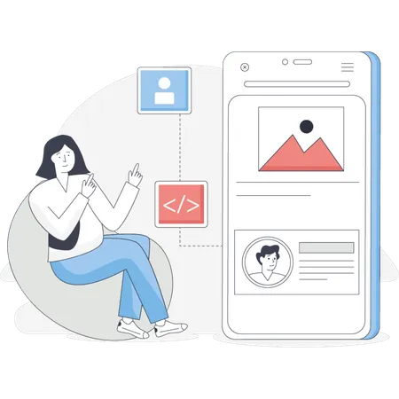 Woman sitting on a chair beside a phone with another person seated next to the phone  Illustration