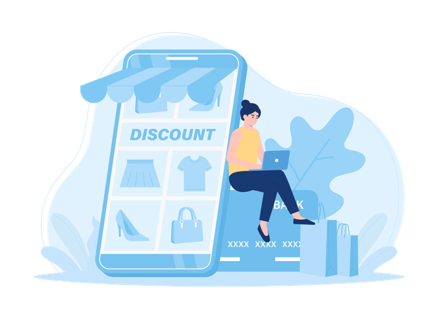 Woman sitting on a credit card shopping online  Illustration