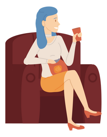 Woman sitting on armchair drinking coffee or tea and eating chips  Illustration