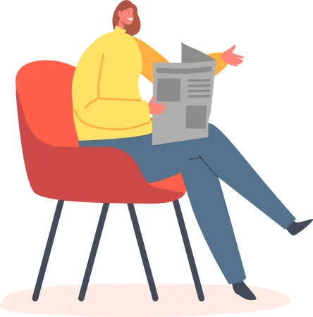 Woman Sitting on Armchair Reading Newspaper  Illustration