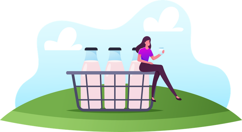 Woman Sitting On Basket And Drinking Milk Illustration