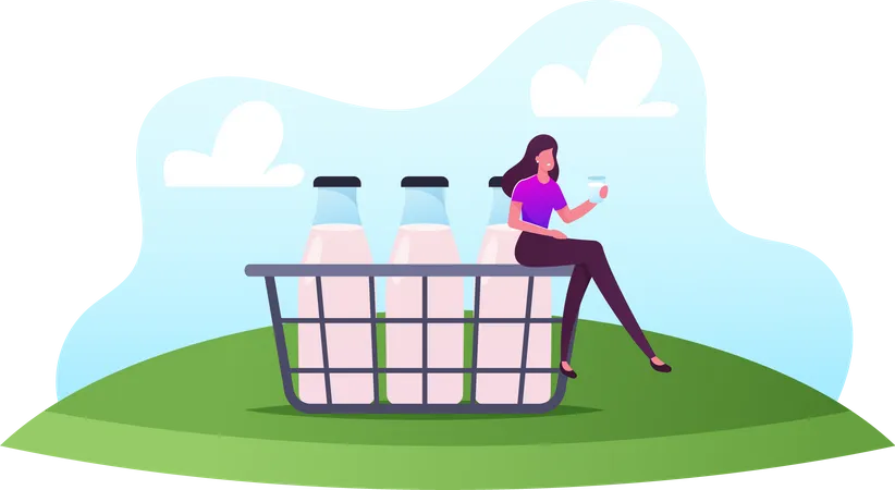Healthy Drink Dairy Production Milkman Profession Tiny Female Character Sitting On Huge Basket With Bottles On Green Field Drinking Milk Woman Choose Natural Beverage Cartoon Vector Illustration Illustration