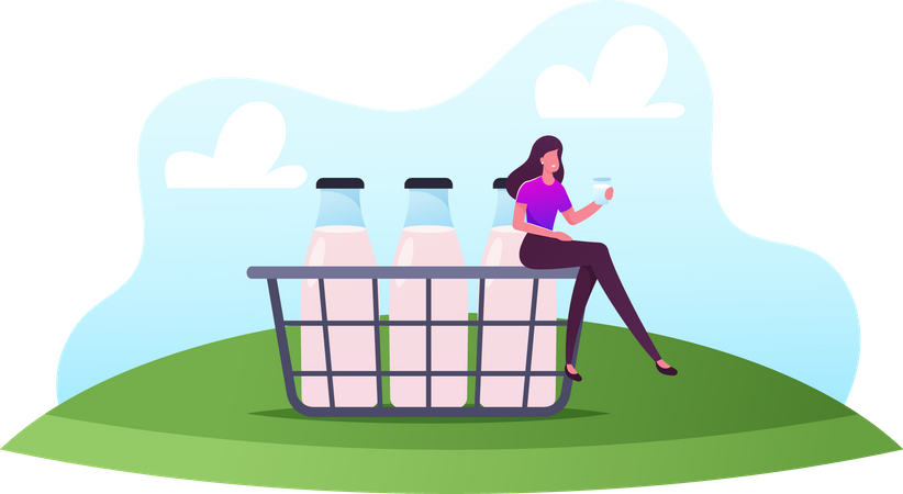 Woman Sitting On Basket And Drinking Milk  Illustration