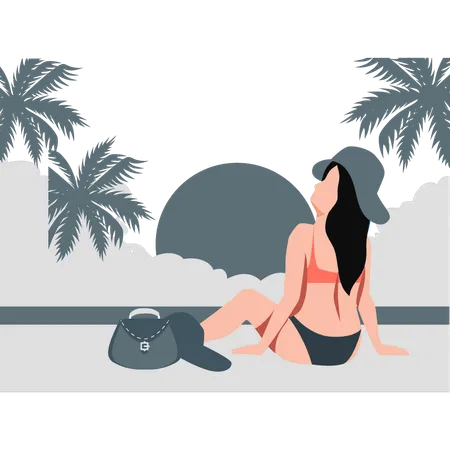 Woman sitting on beach for vacation  Illustration